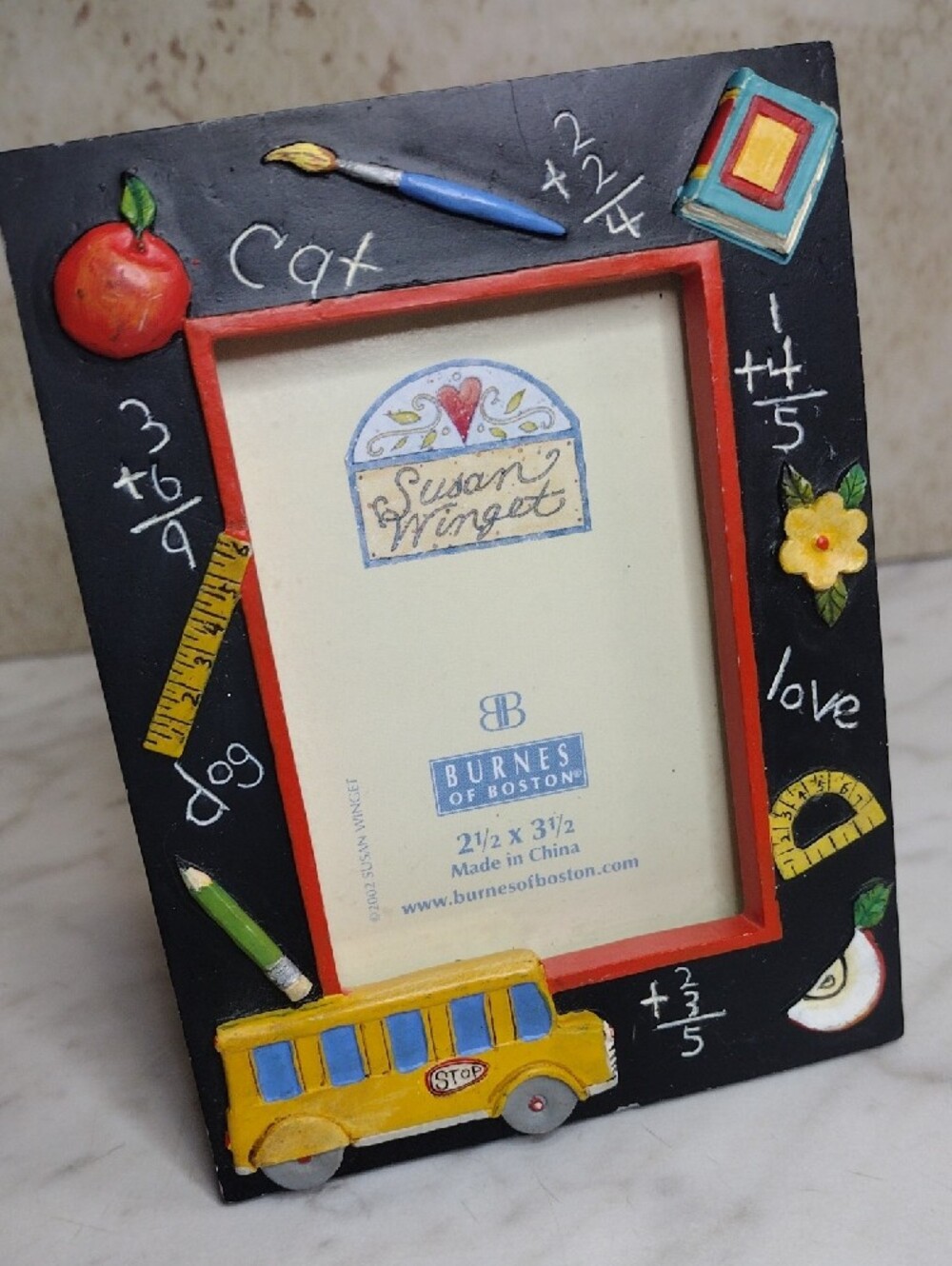 Burnes of Boston Susan Winget Kids Photo Frame 2002 Yellow School Bus Math Spell